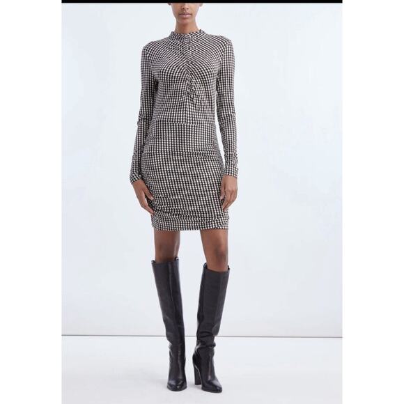 Veronica Beard Mizani Ruched Mini Dress Size M Off White Black Houndstooth $278. - Picture 2 of 8